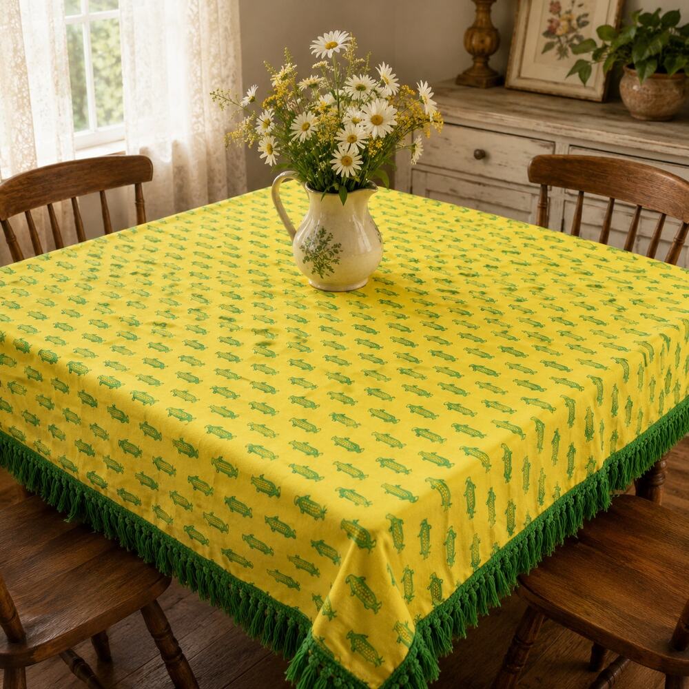 Handmade Cotton Fringe Tablecloth Corn Print Farmhouse Cottagecore 51 x 51